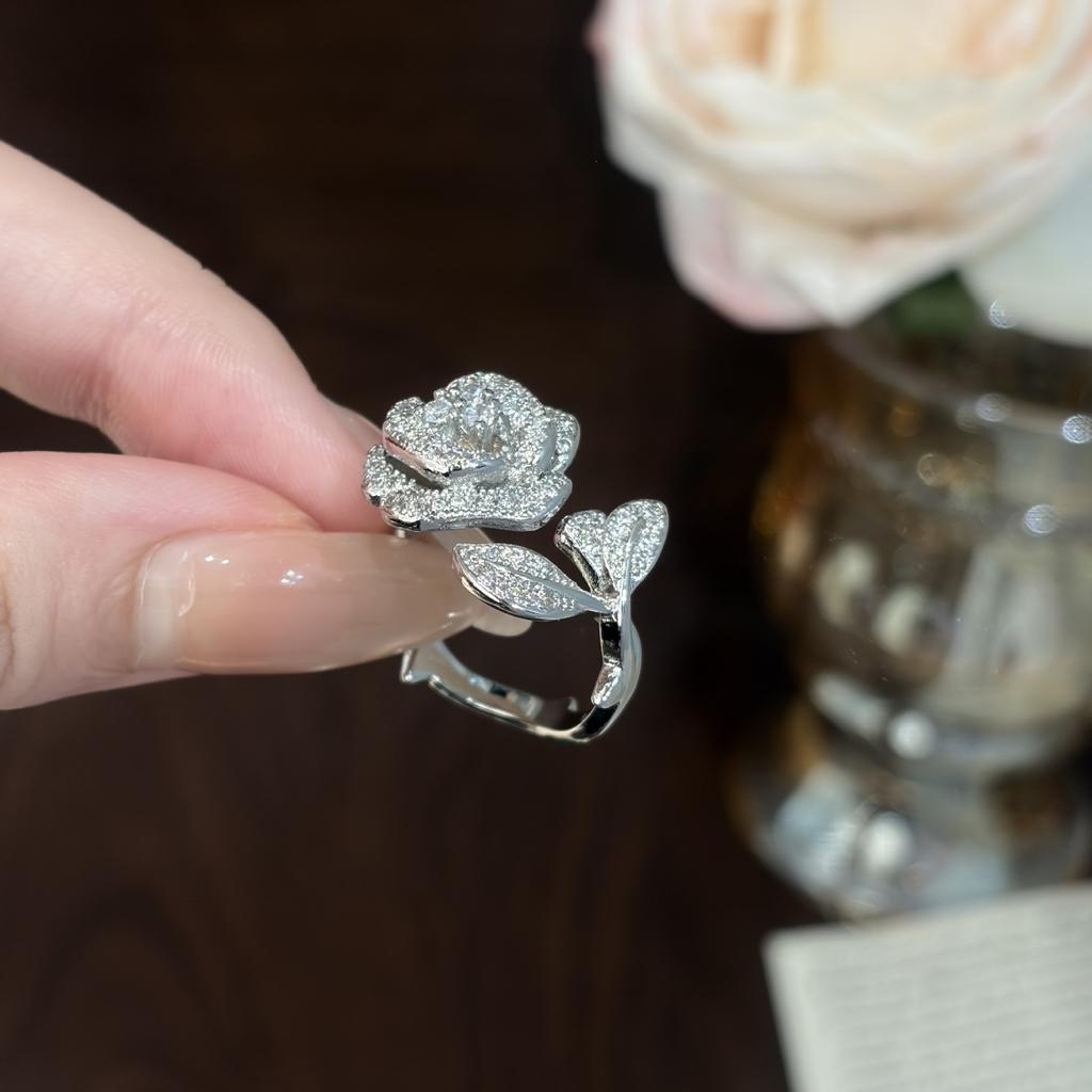 Bailing Camellia Index Finger Ring Women's Diamond Light Luxury Niche Plain Ring Open Ring Fashion Personality High-end Jewelry