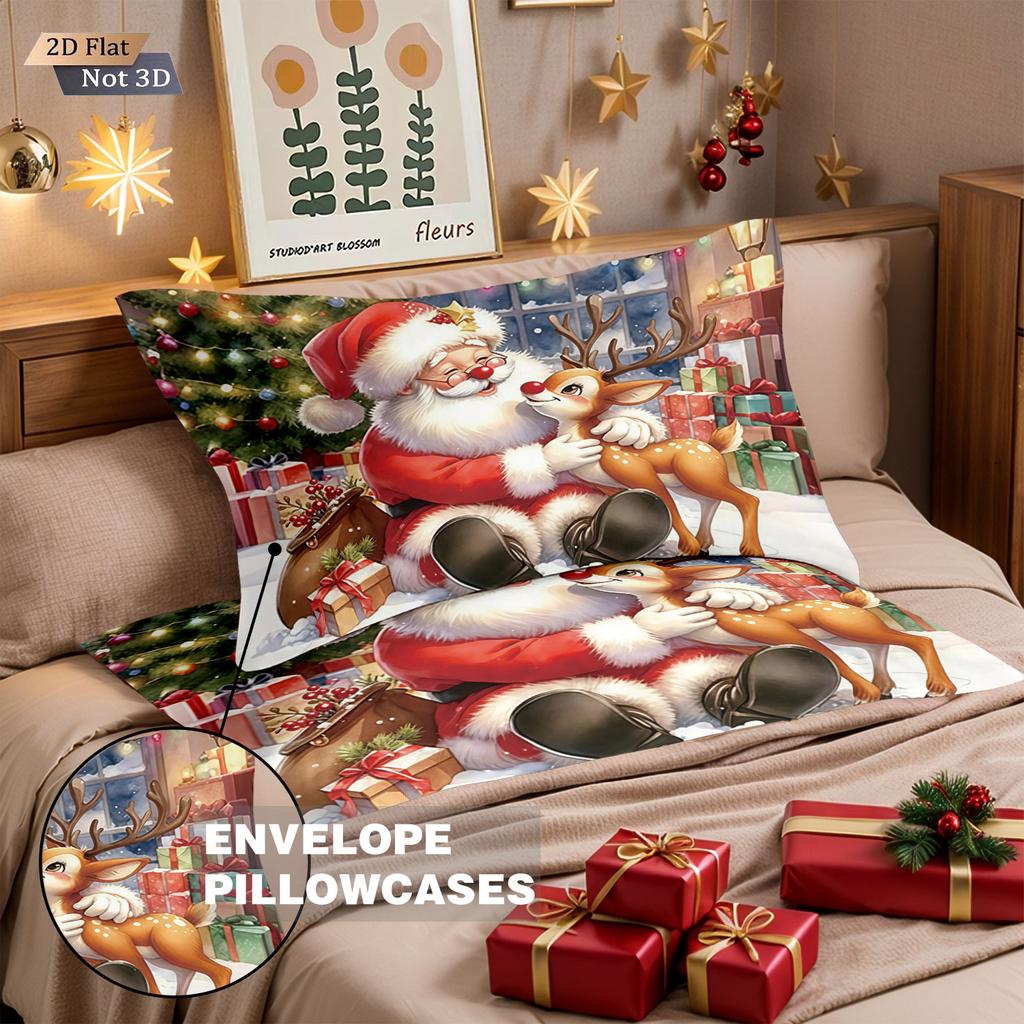3pcs Cartoon Santa Claus Gift Printed Chipless Bedding Set Soft Dormitory Bedroom Multiple Sizes Machine Washable