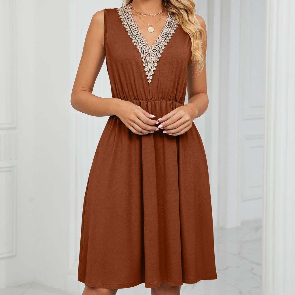QICED Vår/sommer Ensfarget V-hals Blondesøm Mansjettløs lomme midjekjole