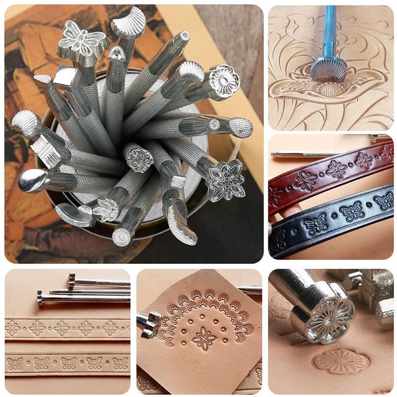 20dílná DIY sada nástrojů na kožené řezbářství a ražení