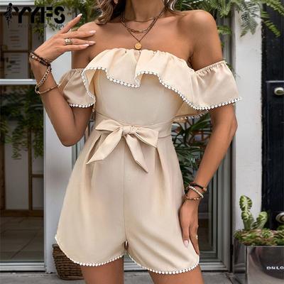 Monos y mamelucos de un hombro de manga corta con estampado de color sólido de moda informal de verano y primavera para mujer