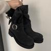 Grape Mother Same Retro Belt Buckle Round Head Thick Sole Heightening Locomotive Boots Women's Boots Medium Tube Martin Boots Stacking Boots
