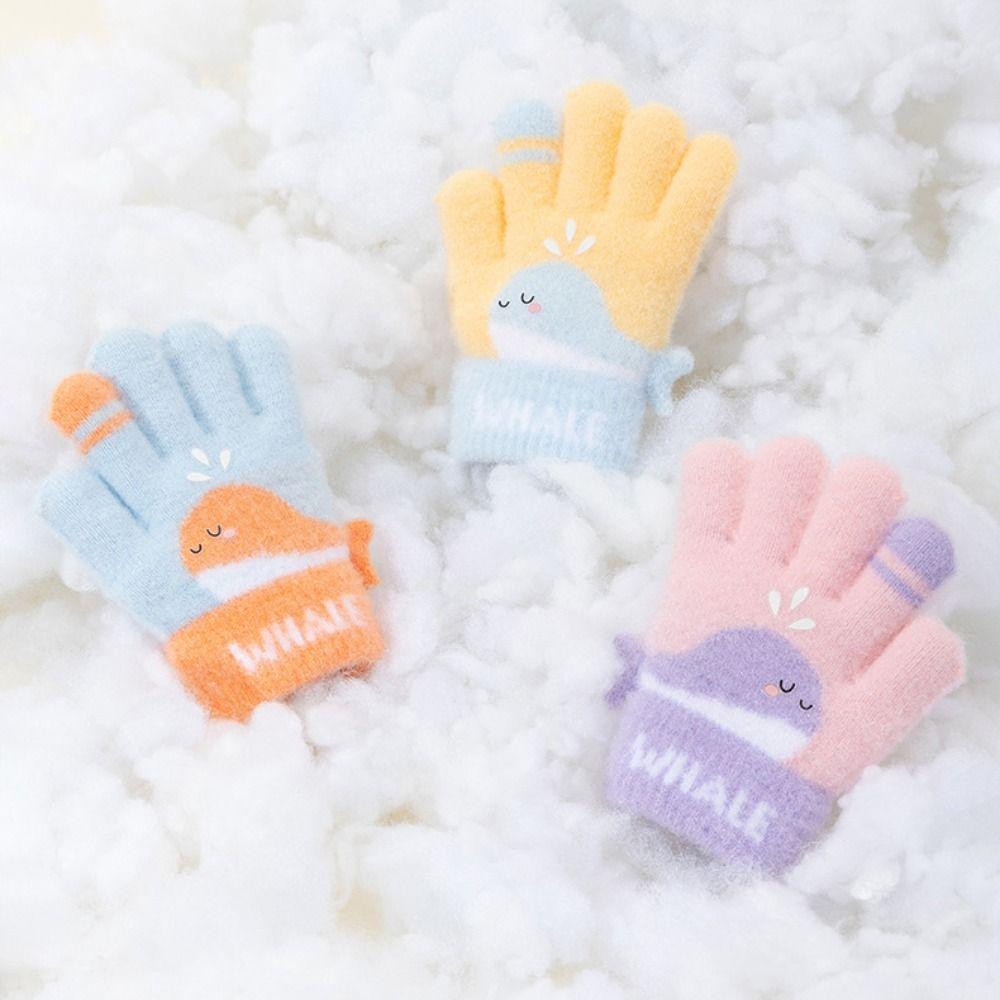 Warm Plush Winter Knitted Gloves Cute Whale Kids Gloves Cartoon Five-finger Gloves  Boys Girls