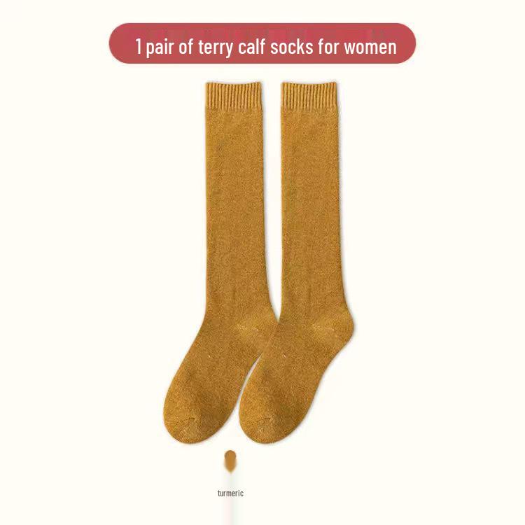 Women's Thick Terry Calf Socks - Warm Solid Color Towel Socks for Autumn and Winter