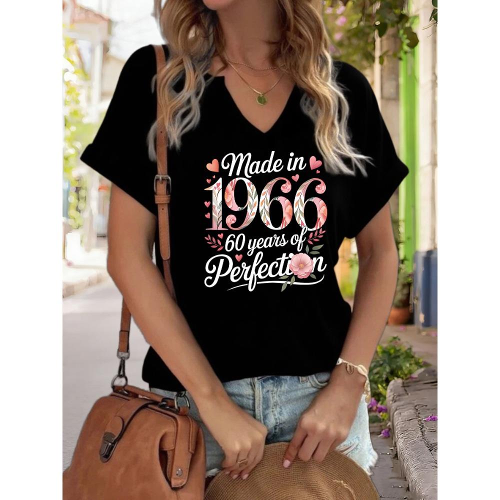 Damen V-Ausschnitt "Made in 1966" Grafik-T-Shirt, 60 Jahre Perfektion Aufdruck T-Shirt, Lässiges Lockeres Kurzarm Geburtstag Mode Oberteil