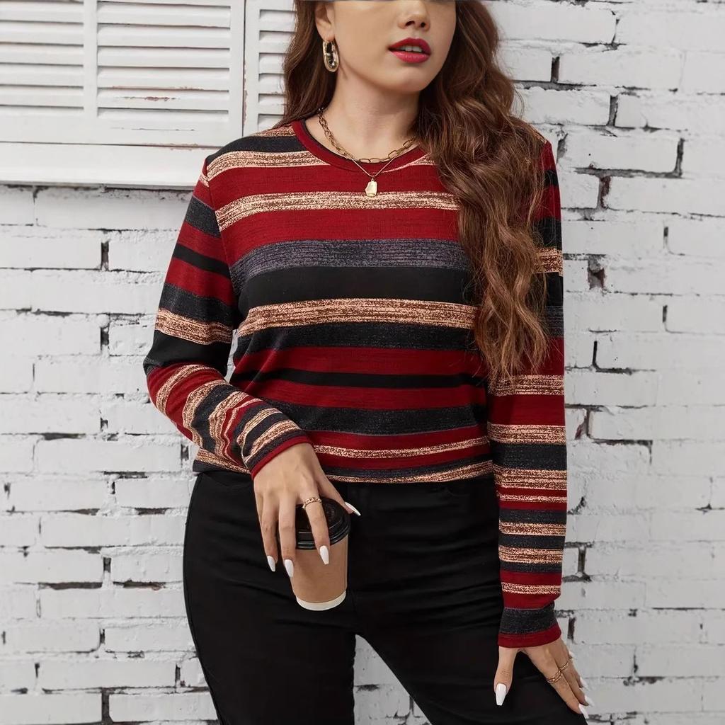 Women S Plus Size Long Sleeve Crew Neck Striped T Shirt Casual Spring Autumn