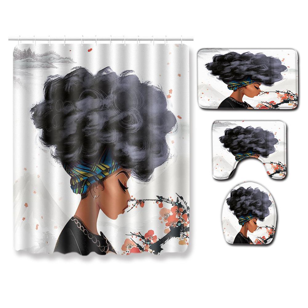 African American Women'S Bathroom Four-Piece Combination Set Household Door Mat Absorbent Non-Slip Floor Mat Carpet