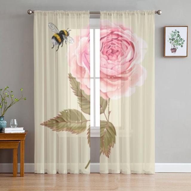 Pink Rose Vintage Tulle Window Curtain For Living Room Modern Sheer Curtain For Bedroom Kitchen Drapes Custom