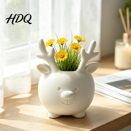 Ceramic Style Vase 3D Printed Reindeer Succulents Planter Pot for Indoor Plants Decorative Desktop Modern Art Sculpture Organizer Christmas