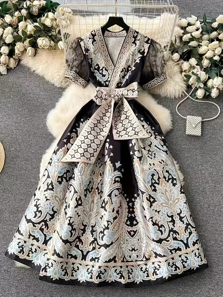 2026 European and American women's clothing, summer printing V-neck mesh bubble sleeve splicing skirt Bohemian strap dress