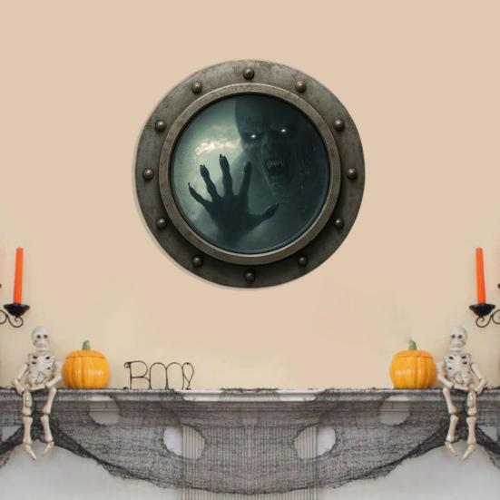 Haunted Porthole Wall Decor Halloween Vintage Ghost Ship Round Window with Rustic Copper Frame 3D Horror Gothic Home Decor for Living Room Bedroom