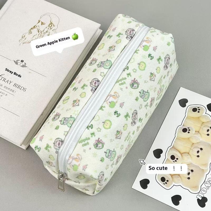 1 sztuka urocza zielona jabłko kot nadrukowana kosmetyczka kreskówkowy kociak piórnik duża pojemność torba do przechowywania artykułów papierniczych