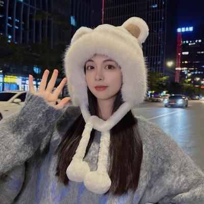 Cute Warm Winter Hat Ear Protection Lacing Bear Ears Hat Velvet Rabbit Ear Woolen Bucket Hat Women
