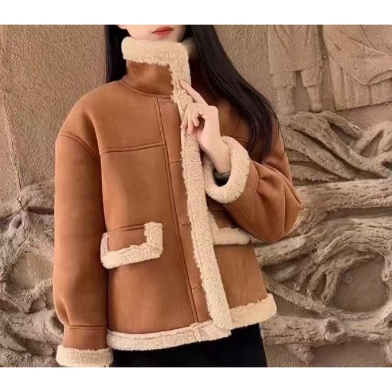 

Lambswool Motorcycle Coat: Autumn/Winter 2025 Velvet Fur, Double-Sided Warmth, Thickened Design L світло-коричневого кольору