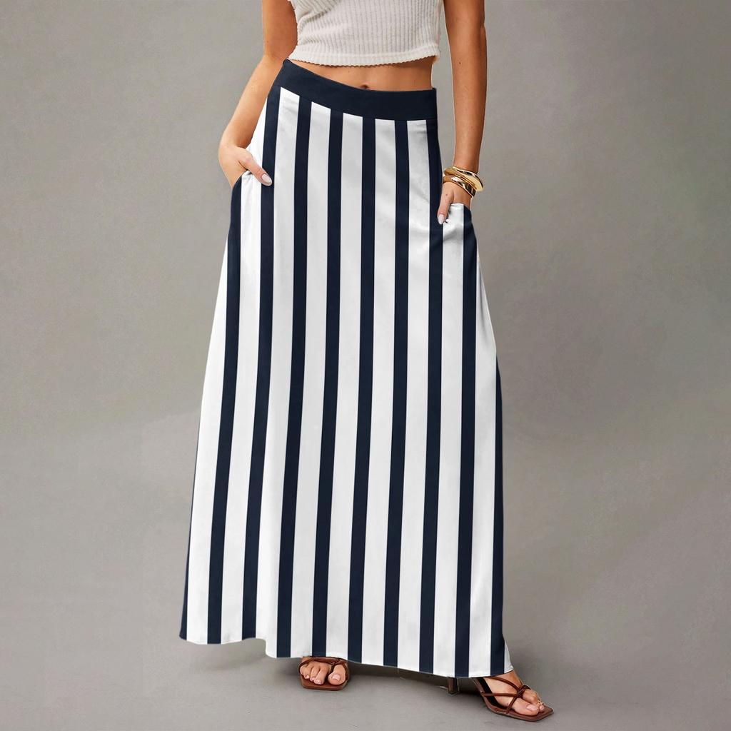 Damen Lässig Freizeit Faltbar Gestreift Kariert Druck Hohe Taille Mit Tasche Drapierter Entspannter Langer Maxi Rock