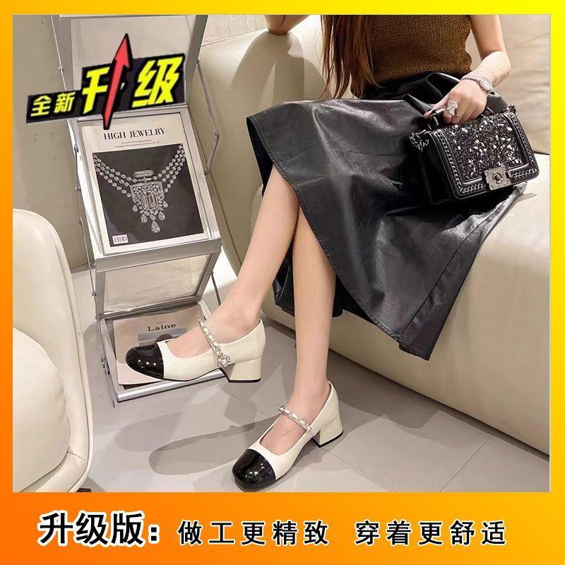 Temperament medium heel shoes Mary Jane women's shoes autumn new French pearl thick heel small leather shoes color matching single shoes
