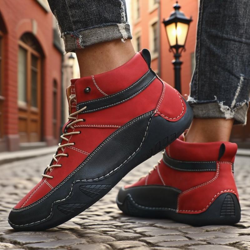 Men's High Top Casual Shoes Handmade Leather Spring/summer New Item Color Blocked Soft Sole Walking Shoes Breathable Bare Boots