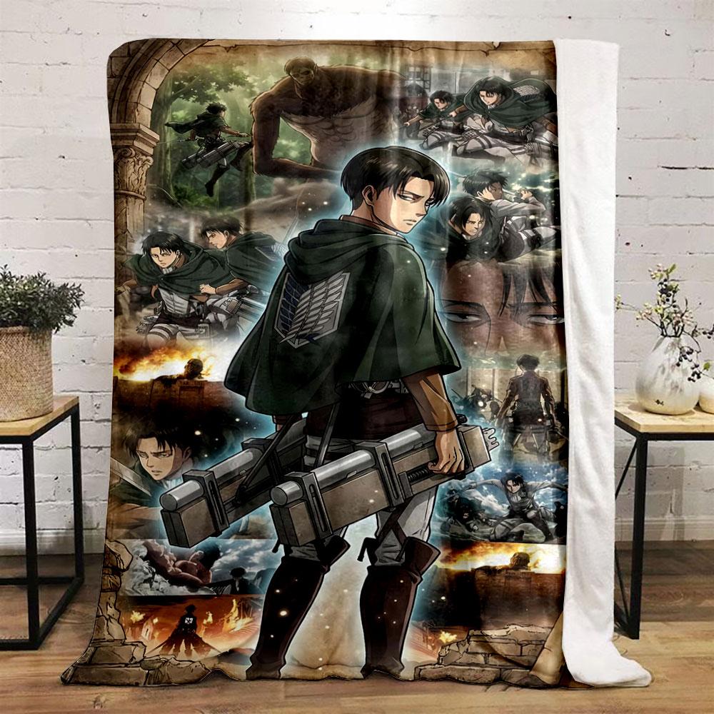 A Character with Gear Faces Dynamic Battle Scenes and Towering Titans. for All Seasons Blanket Lunch Break Throw Gift