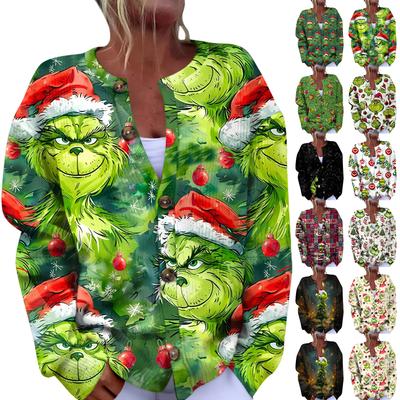 Women's Fashion Christmas Printed Long Sleeve Knitted Cardigan Button Down Jacket
