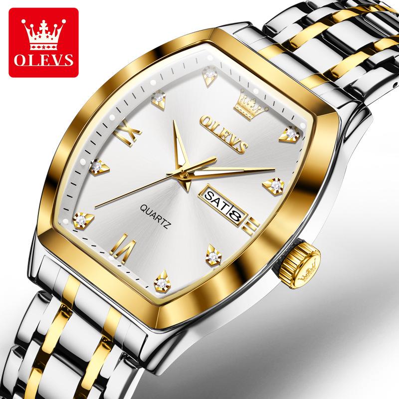 OLEVS Men's Quartz Watch, Barrel Shape, Double Calendar, Large Dial