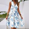 Vestido midi casual feminino primavera e verão, decote em V, sem mangas, cintura, estampa floral
