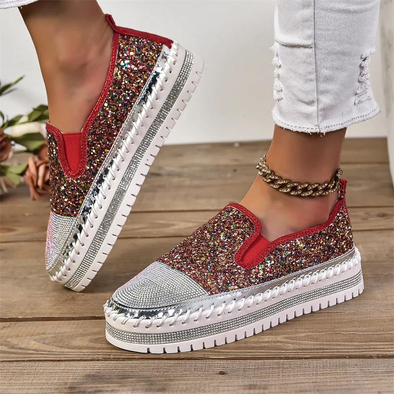2024 New Sneakers Women Casual Shoes Fashion Rhinestone Crystal Platform Slip-on Women Flats Luxury Comfortable Women Sneakers