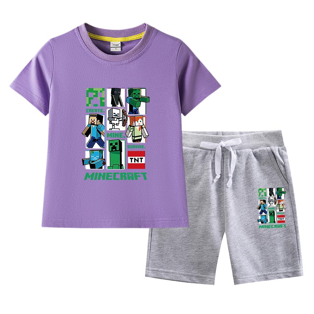 Minecraft Kids' Summer Outfit: Pure Cotton Short Sleeve T-Shirt & Shorts Set for Boys & Girls