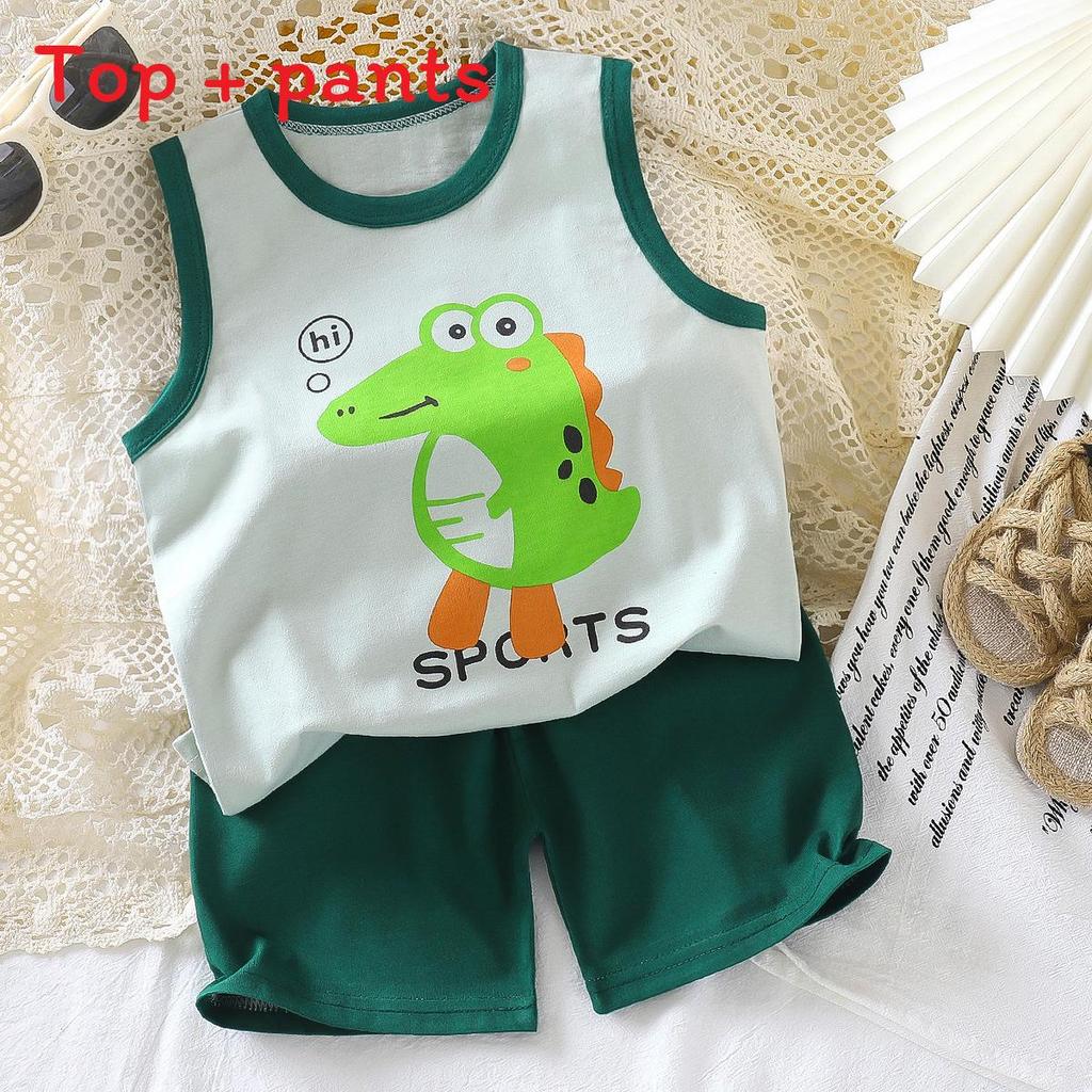 Baby Summer Cotton Sleeveless Shorts Set With Cartoon Prints For Toddler Boys And Girls