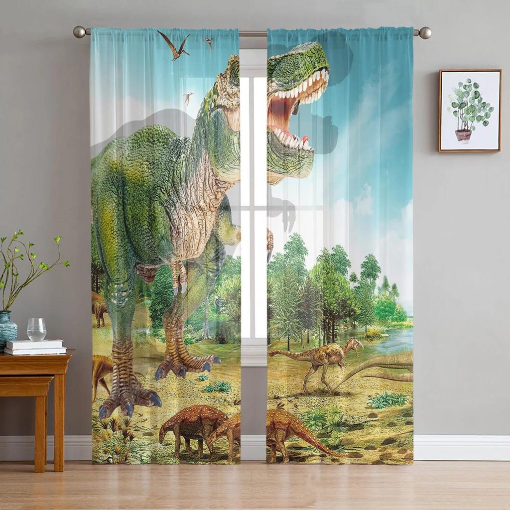 Jurassic 3D Dinosaur Virgin Forest Sheer Curtains for Living Room Bedroom Tulle Window Drapes for Kitchen Decoration