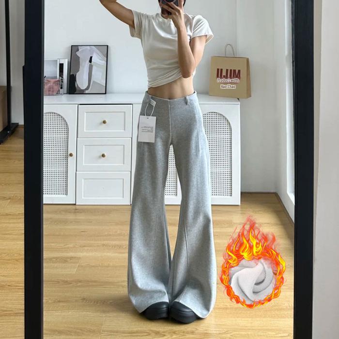 Women's Gray Micro-Flare Sweatpants: 2025 Autumn/Winter Korean Style, Wide Leg, Plus Velvet, Thickened Casual Pants.
