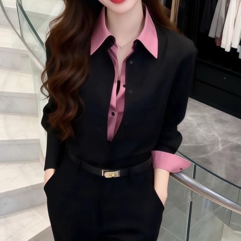 Women Fake Two Piece Color Block Patchwork Turn Down Collar Loose Casual Shirt S