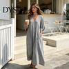 Breathable Beach Dress Women V-Neck Striped Dress, Summer Half Sleeve Casual Ankle Daily Length Loose Swing for Vacation Wear Soft