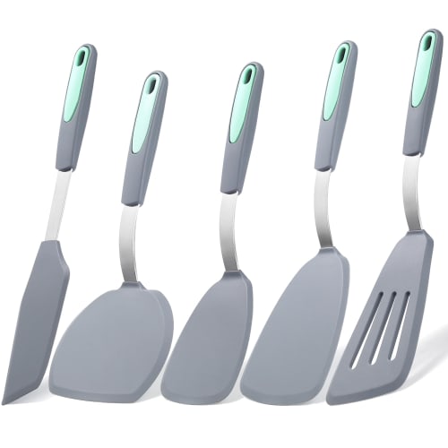 To Encounter Silicone Spatulas, 5-Piece Set, Non-Stick Silicone Turner Spatulas, Heat-Resistant Cookware for Fish, Eggs, and Pancakes, Light Gray