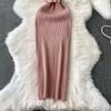 Summer Women Sleeveless Single Breasted Office Work Knitted Sweater Sheath Dresses with Belt