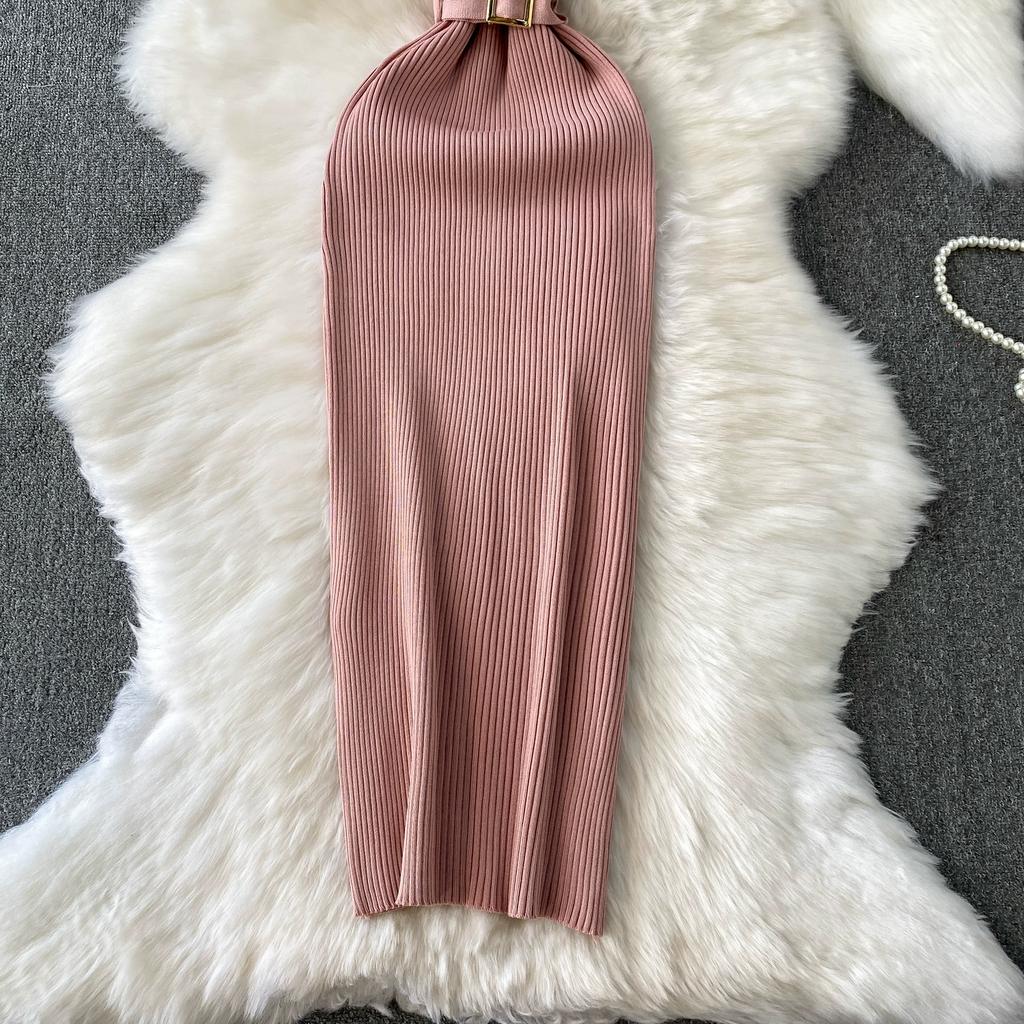 Summer Women Sleeveless Single Breasted Office Work Knitted Sweater Sheath Dresses with Belt