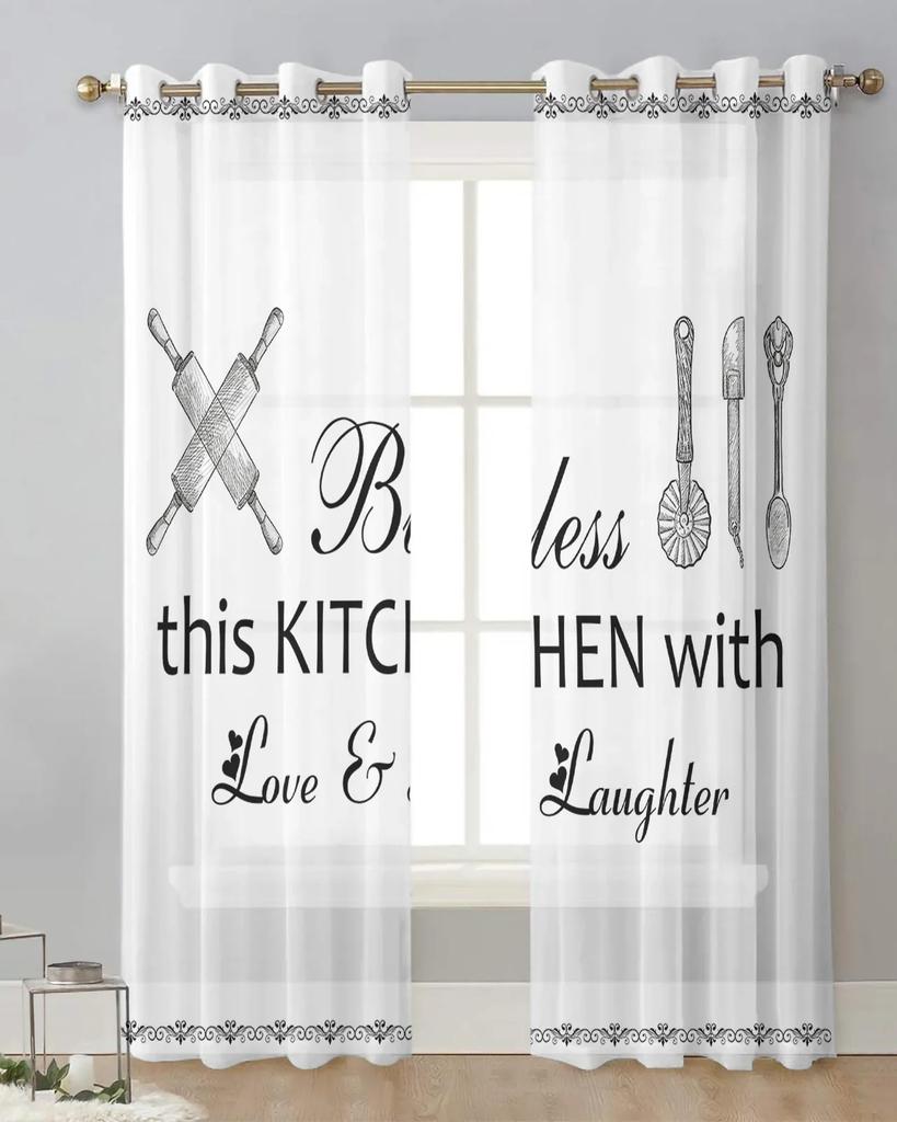 2Panels Chiffon Sheer Curtain Kitchen Curtain Kitchenware Chef Print Voile Tulle Cortinas for Kitchen LivingRoom Window Cortina