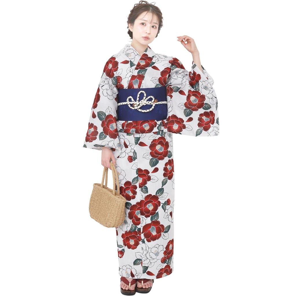 Fuuka Women’s Yukata 3-Piece Set with Pre-Tied Obi and Geta, Camellia, Crimson