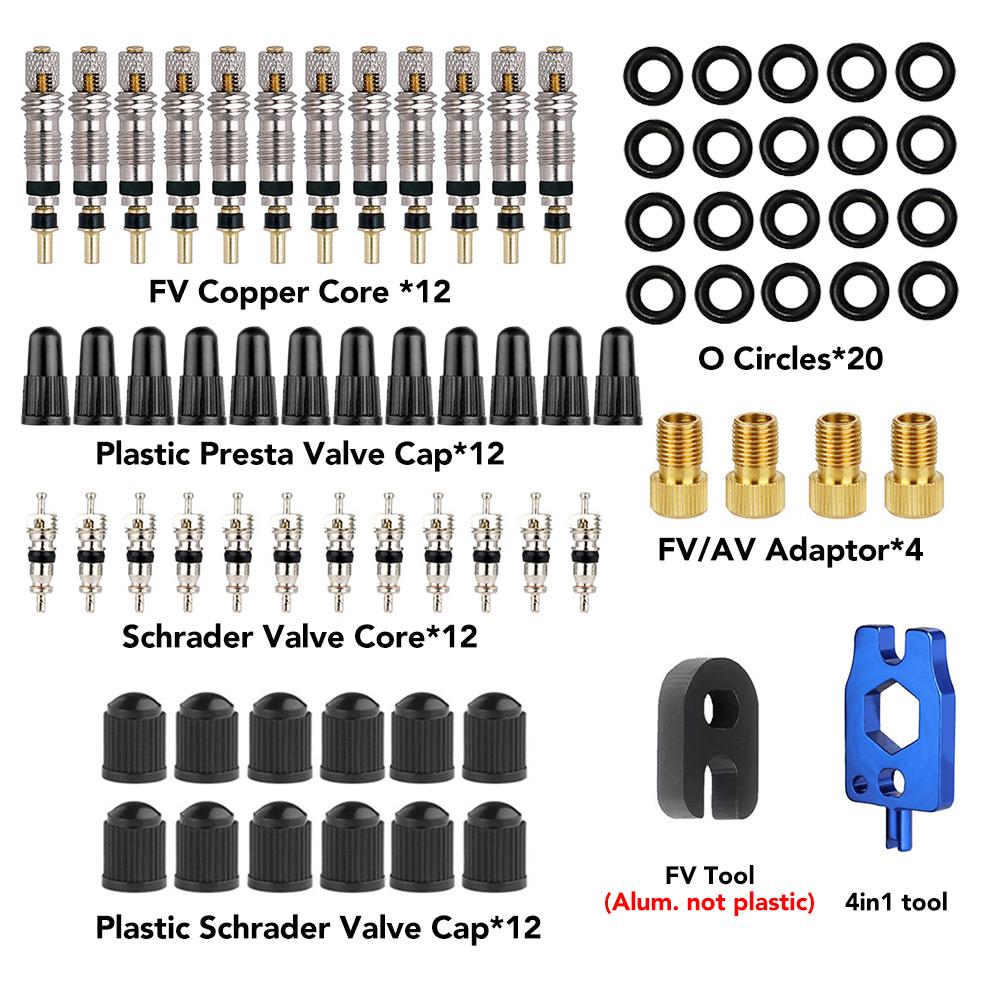 7-74PCS Presta Valve Core Brass FV Nozzle Replacement MTB Road Bike Tubeless Service Parts Alloy Remover Tool O-Ring Optional