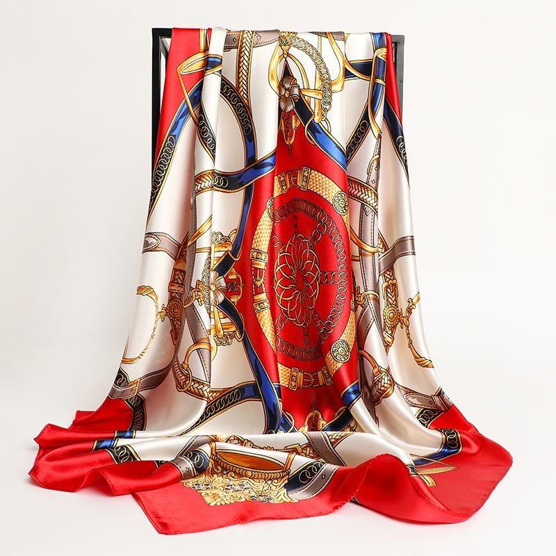 1Pc Women Silk Scarf Square  Design Brand Headband Female Satin Hijab Shawl Wrap Kerchief Chain Print