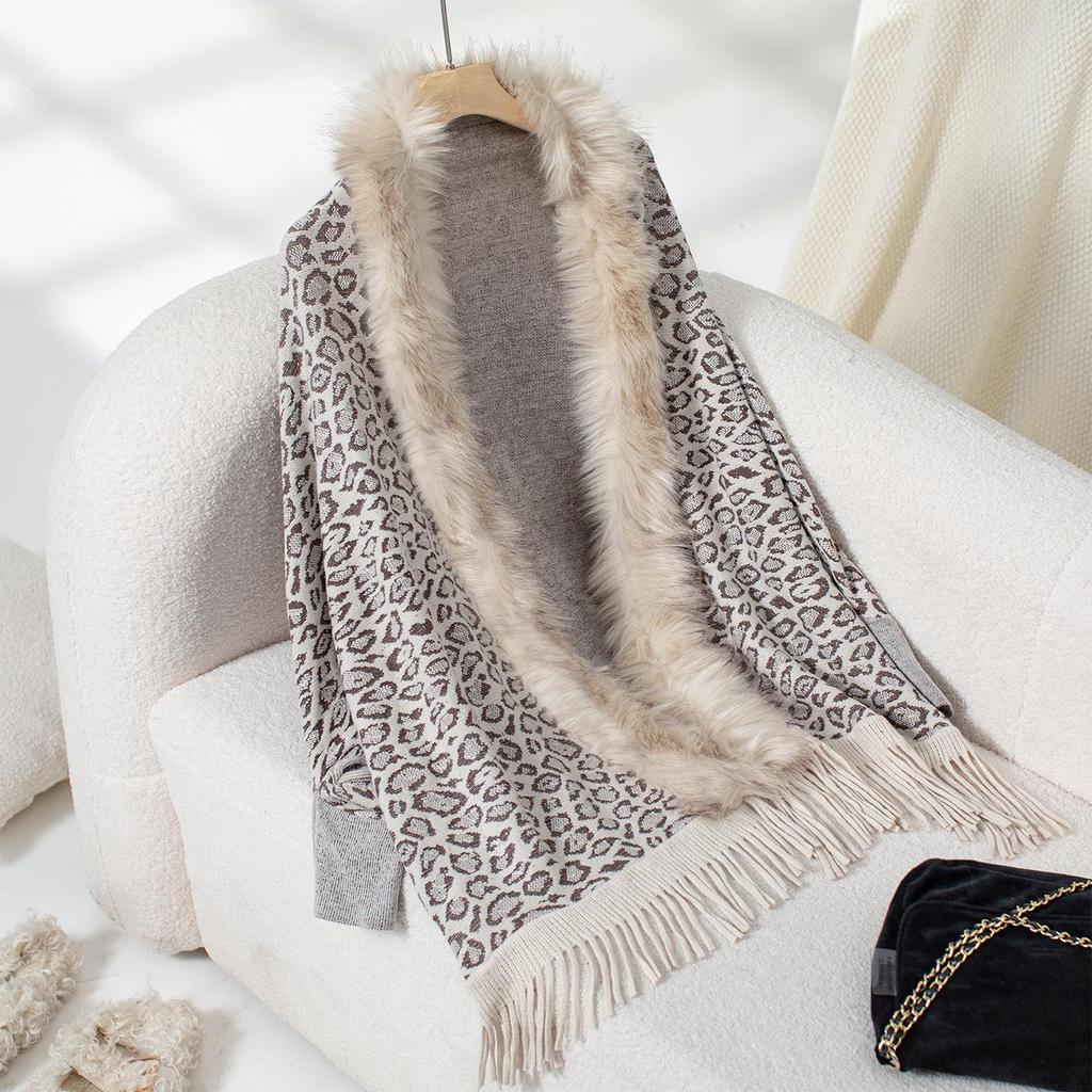 Autumn/Winter Leopard Print Fur Collar Batwing Sleeve Cardigan for Women