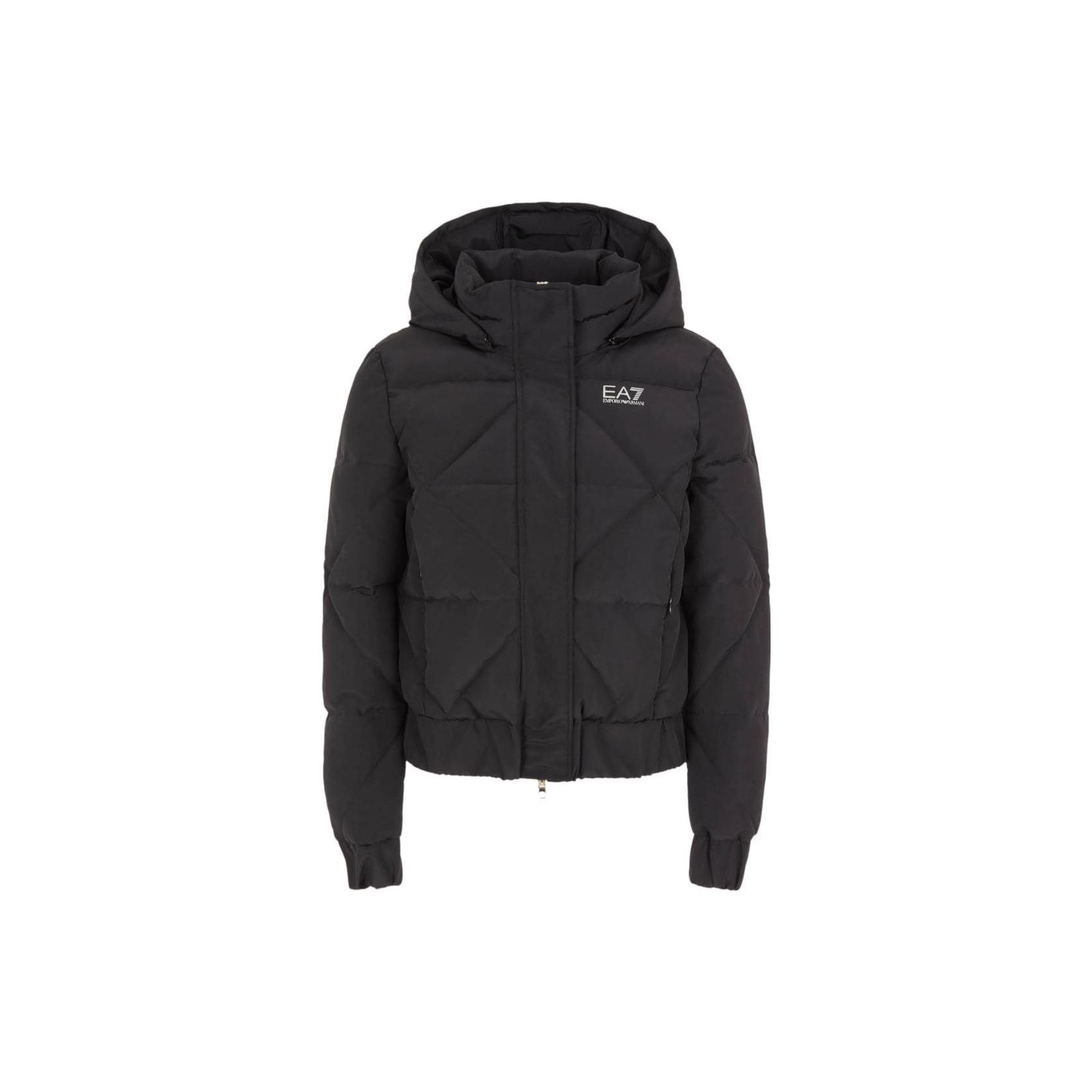Emporio Armani FW23 EA7 Series Solid Color Logo Print Hooded Quilted Jacket Women jackets Black 6RTB02-TN8AZ-1200 M