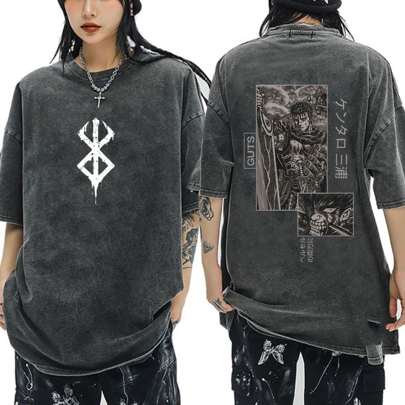 Anime Berserk Guts Vintage Washed T Shirt Manga Gatsu Griffith Zodd T-shirts Women Clothing Cotton Casual Oversized T-Shirt