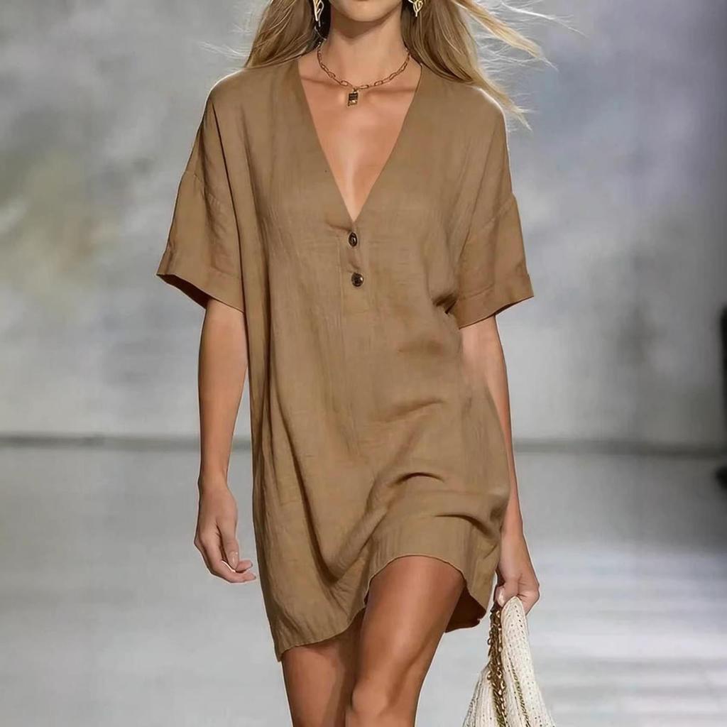 2026 Europeisk & Amerikansk Stil Dam V-ringad Bomulls-Linne Lös Sommarklänning
