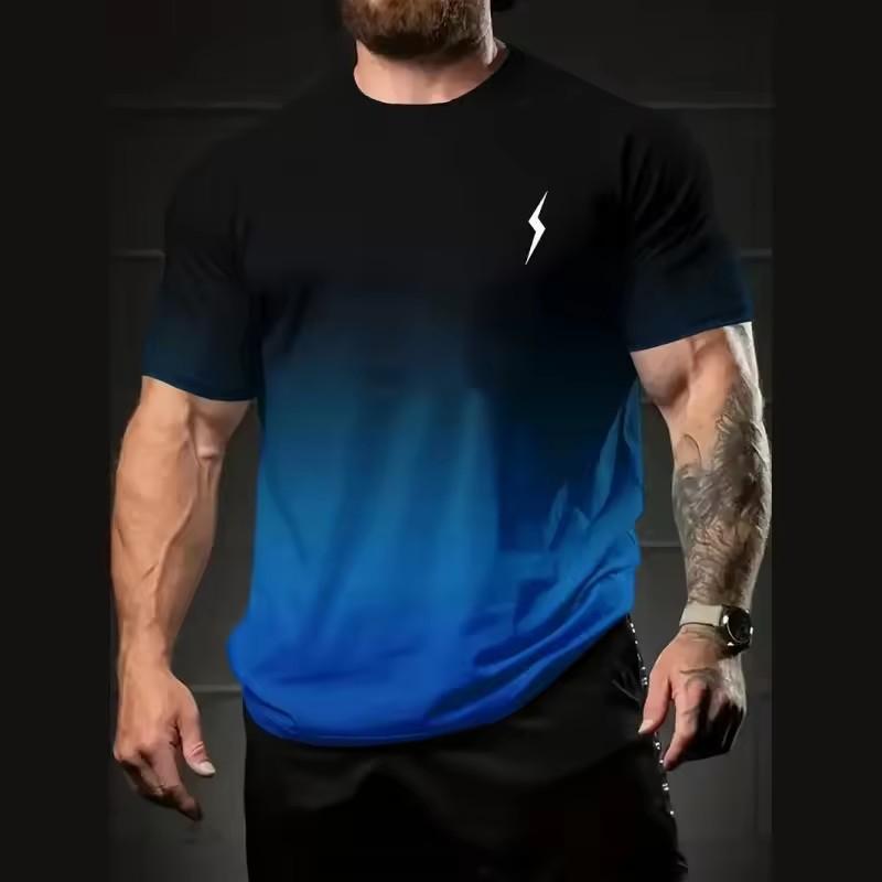 Men's Minimalist Gradient Colour Vibrant Lightning Bolt Print T-Shirt Summer Leisure Short Sleeve Crew Neck Loose Tops