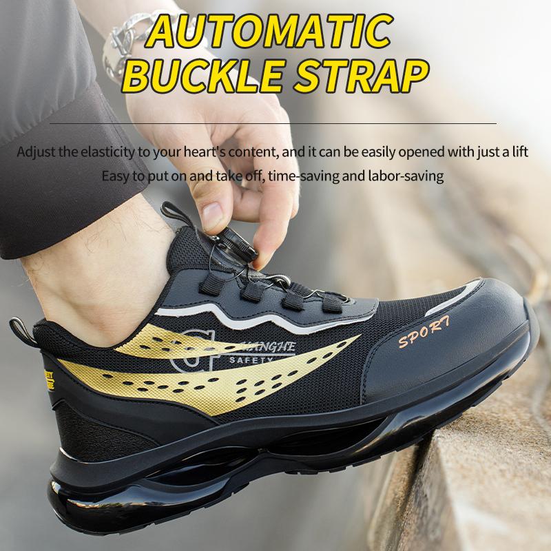 Safety Shoes For Men Air Cushion Steel Toe Work Shoes Anti-Smash Shoe Lightweight Breathable Slip On Utility Work Sneakers Black