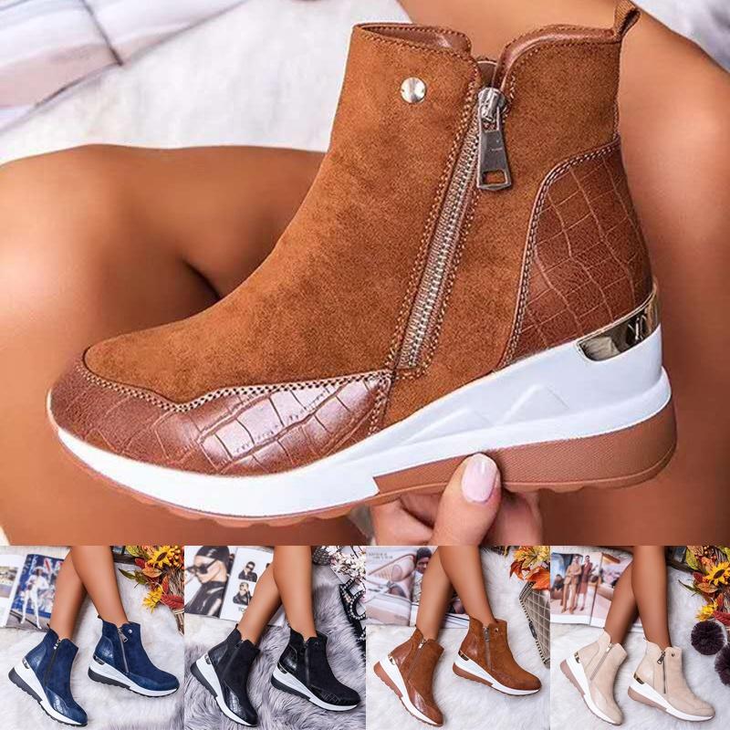 Mujer Moda Mujer Tacones Botines Zapatos de tobillo Botas Altas Top Martin  Botas Snow Vintage Invierno De bajo perfil Redondo Dedo del Pie Cuña Talón  Lateral Cremallera Plus Talla 35-43 comprar a