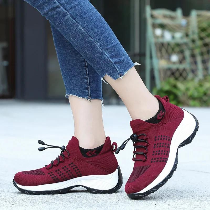 Women Walking Shoes Fashion Sock Sneakers Breathe Comfortable Nursing Footwear Woman Chunky Platform Height Increasing Loafers