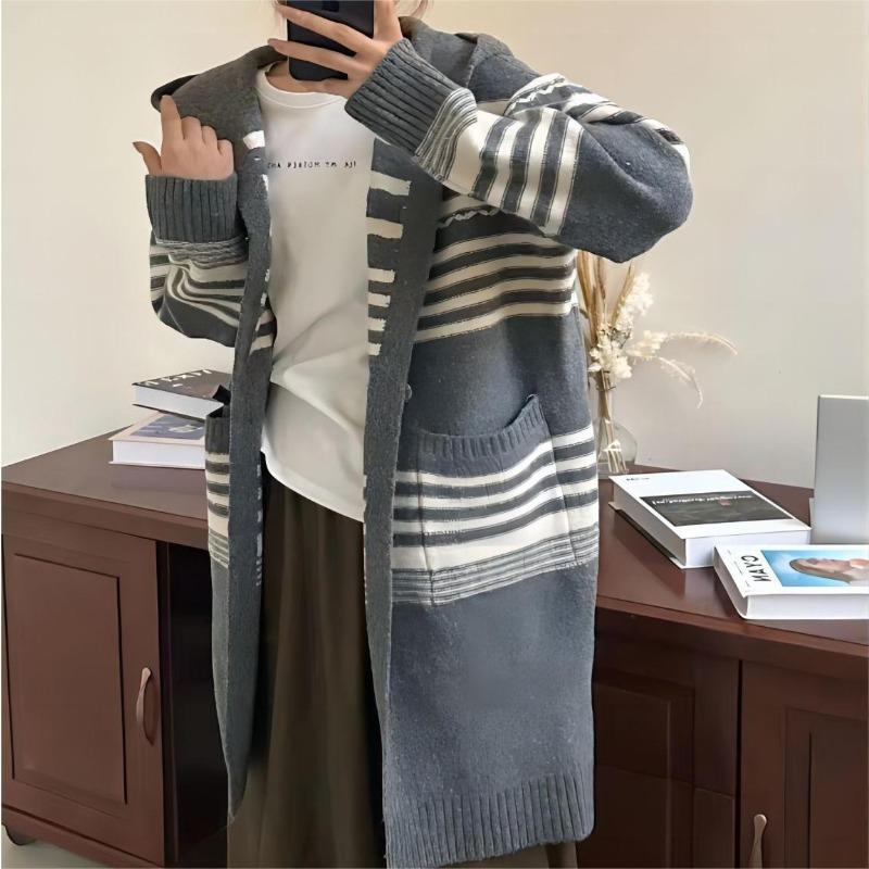 Spring and Autumn new retro loose knitted cardigan top women's striped lazy medium and long outer sweater