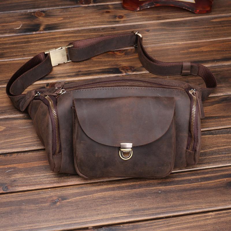 

New Retro Crazy Horse Leather Large Capacity Waist Bag, Genuine Leather Chest Bag, Multi Compartment Outdoor Casual Cowhide Crossbody Bag темно-коричневого кольору