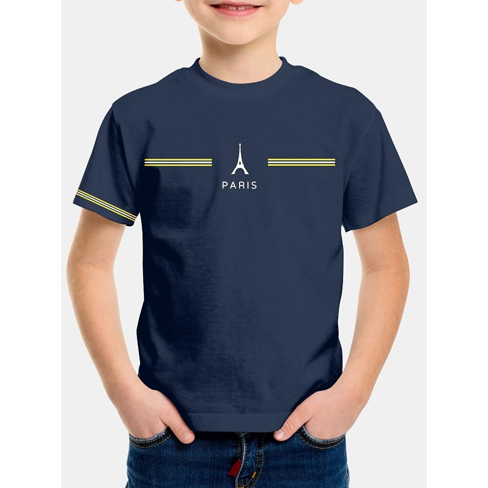 

Boys printed striped T-shirt, simple round neck, summer casual short sleeved T-shirt 140